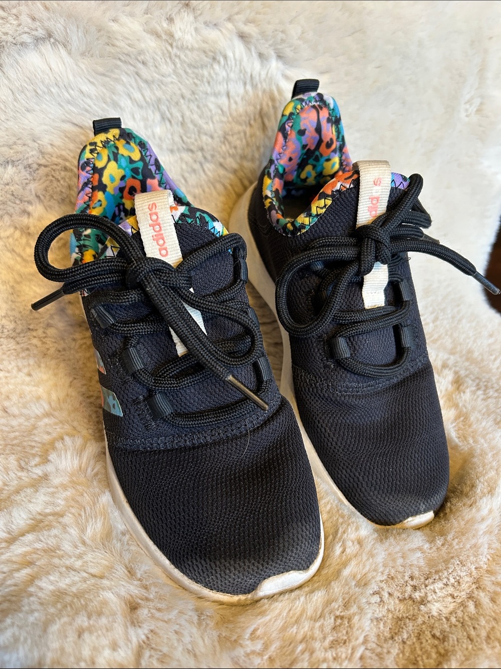 adidas Black Kids Sneakers with Multicolor Leopard-floral Print Collar